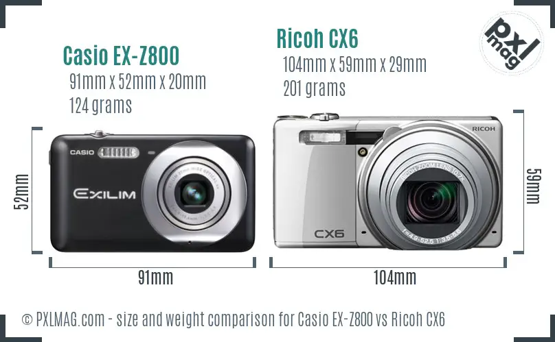 Casio EX-Z800 vs Ricoh CX6 size comparison