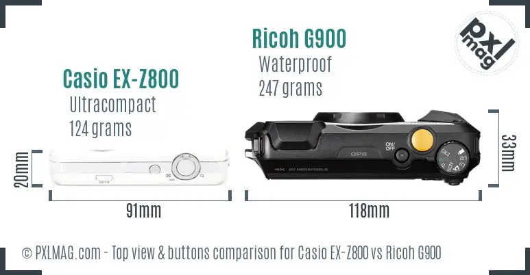 Casio EX-Z800 vs Ricoh G900 top view buttons comparison