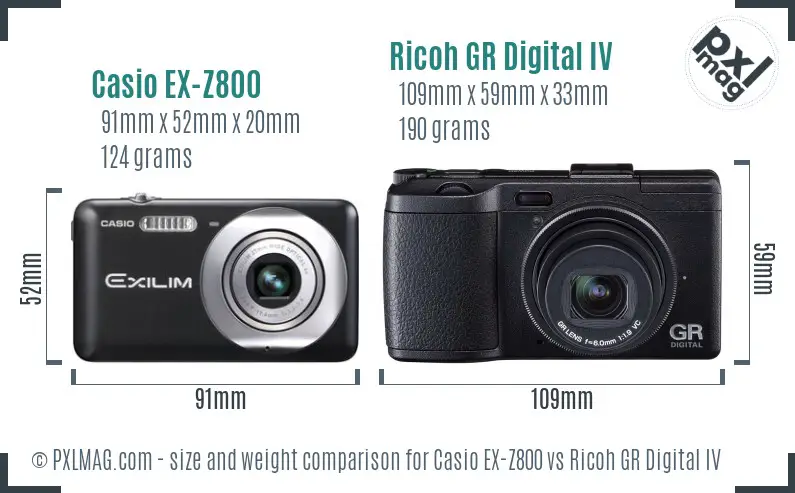 Casio EX-Z800 vs Ricoh GR Digital IV size comparison