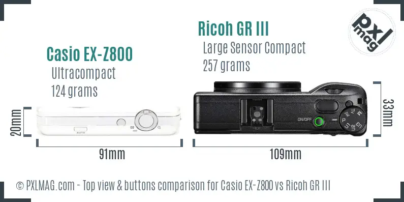 Casio EX-Z800 vs Ricoh GR III top view buttons comparison