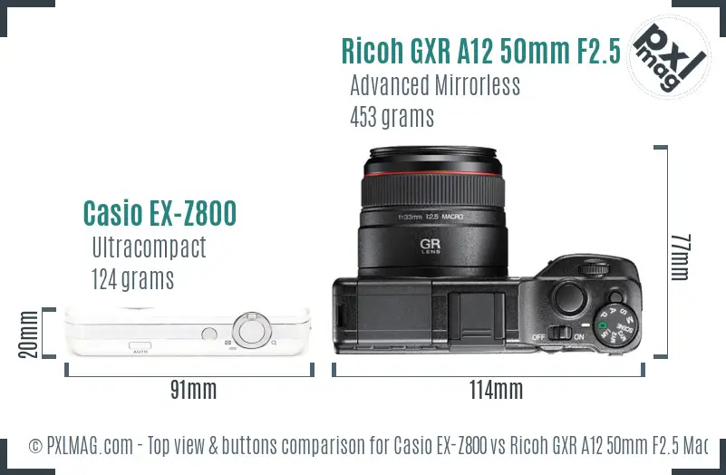 Casio EX-Z800 vs Ricoh GXR A12 50mm F2.5 Macro top view buttons comparison Casio EX-Z800 vs Ricoh GXR A12 50mm F2.5 Macro top view buttons comparison