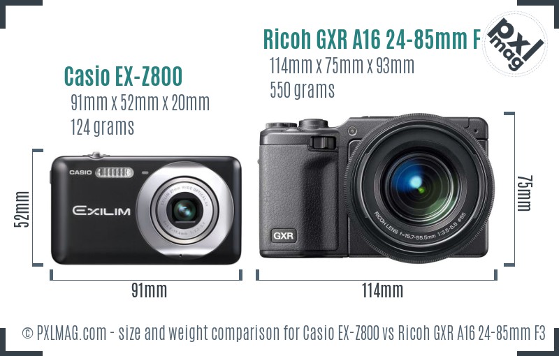 Casio EX-Z800 vs Ricoh GXR A16 24-85mm F3.5-5.5 size comparison