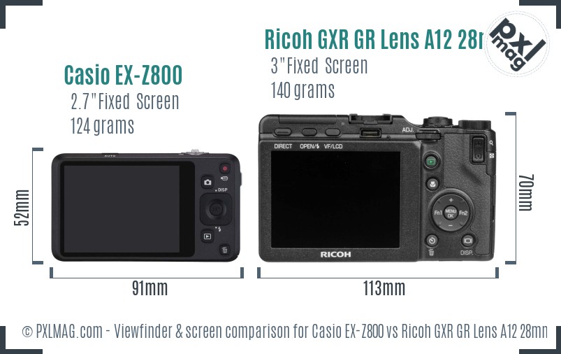 Casio EX-Z800 vs Ricoh GXR GR Lens A12 28mm F2.5 Screen and Viewfinder comparison