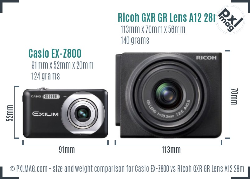 Casio EX-Z800 vs Ricoh GXR GR Lens A12 28mm F2.5 size comparison