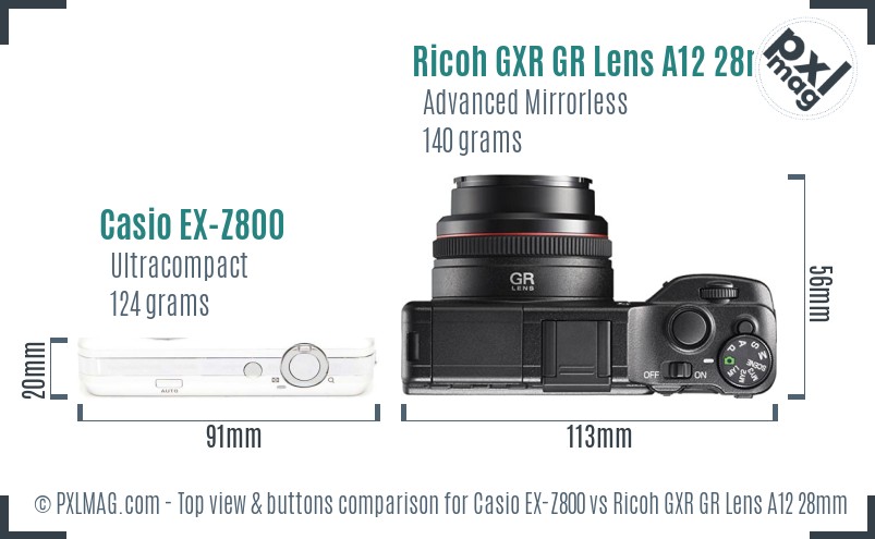 Casio EX-Z800 vs Ricoh GXR GR Lens A12 28mm F2.5 top view buttons comparison