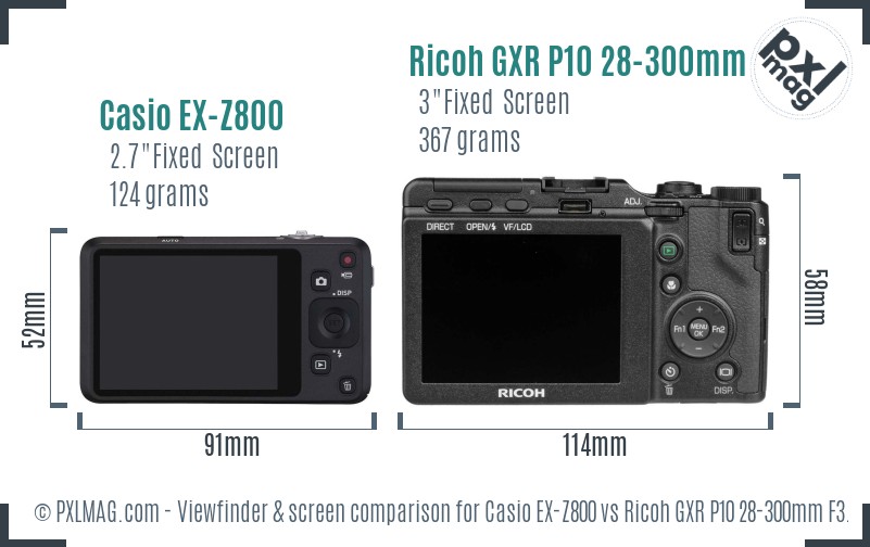 Casio EX-Z800 vs Ricoh GXR P10 28-300mm F3.5-5.6 VC Screen and Viewfinder comparison