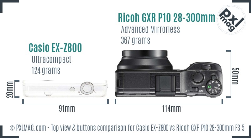 Casio EX-Z800 vs Ricoh GXR P10 28-300mm F3.5-5.6 VC top view buttons comparison