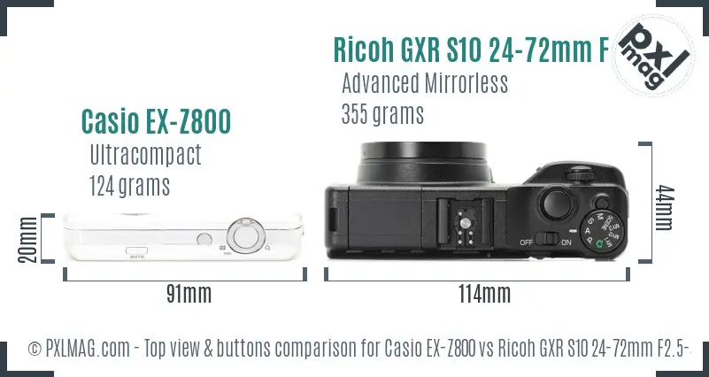 Casio EX-Z800 vs Ricoh GXR S10 24-72mm F2.5-4.4 VC top view buttons comparison
