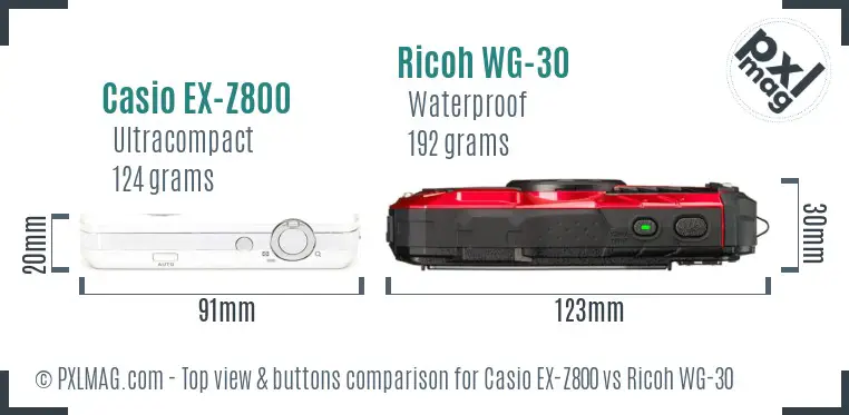 Casio EX-Z800 vs Ricoh WG-30 top view buttons comparison Casio EX-Z800 vs Ricoh WG-30 top view buttons comparison