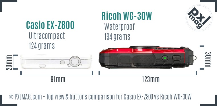 Casio EX-Z800 vs Ricoh WG-30W top view buttons comparison