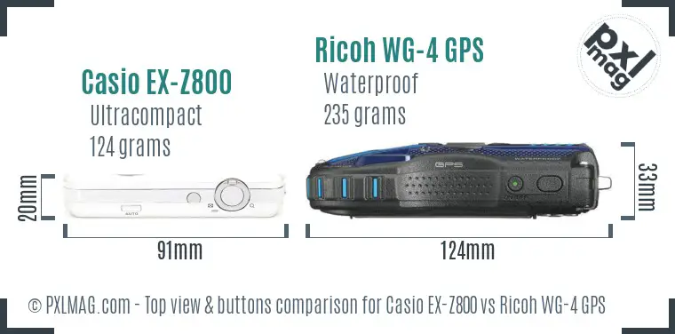 Casio EX-Z800 vs Ricoh WG-4 GPS top view buttons comparison Casio EX-Z800 vs Ricoh WG-4 GPS top view buttons comparison