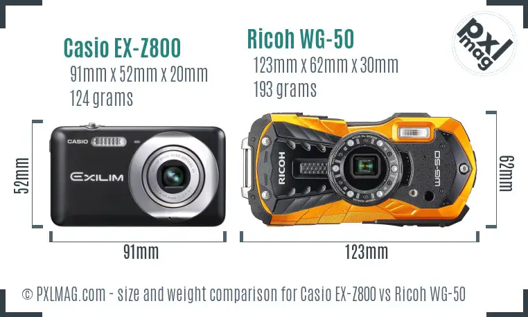 Casio EX-Z800 vs Ricoh WG-50 size comparison