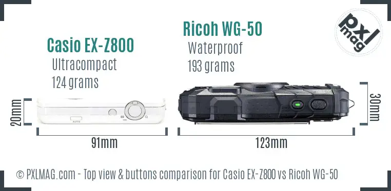 Casio EX-Z800 vs Ricoh WG-50 top view buttons comparison