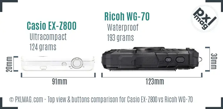 Casio EX-Z800 vs Ricoh WG-70 top view buttons comparison