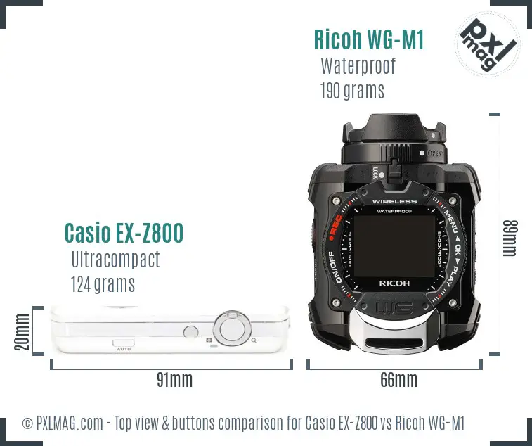 Casio EX-Z800 vs Ricoh WG-M1 top view buttons comparison Casio EX-Z800 vs Ricoh WG-M1 top view buttons comparison