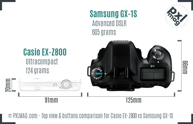 Casio EX-Z800 vs Samsung GX-1S top view buttons comparison Casio EX-Z800 vs Samsung GX-1S top view buttons comparison