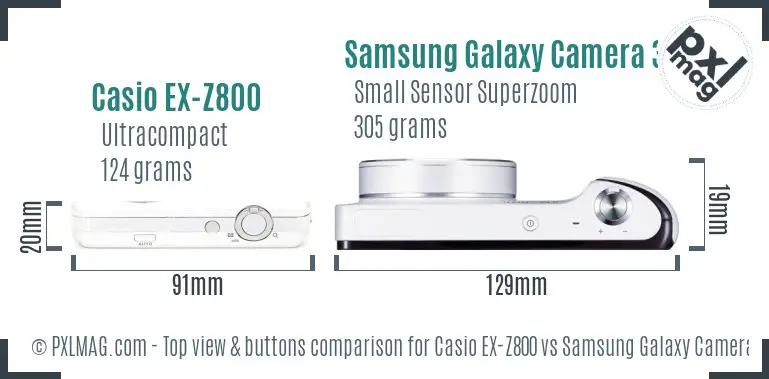 Casio EX-Z800 vs Samsung Galaxy Camera 3G top view buttons comparison Casio EX-Z800 vs Samsung Galaxy Camera 3G top view buttons comparison