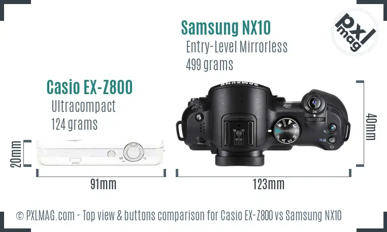 Casio EX-Z800 vs Samsung NX10 top view buttons comparison Casio EX-Z800 vs Samsung NX10 top view buttons comparison