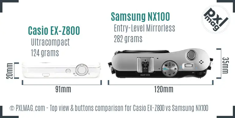 Casio EX-Z800 vs Samsung NX100 top view buttons comparison Casio EX-Z800 vs Samsung NX100 top view buttons comparison