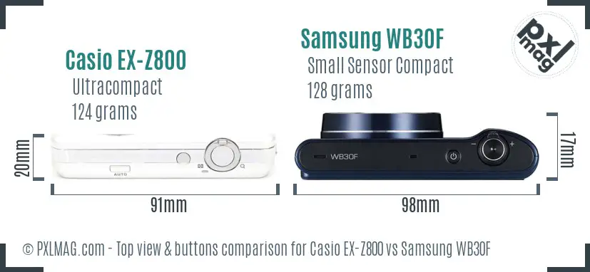 Casio EX-Z800 vs Samsung WB30F top view buttons comparison Casio EX-Z800 vs Samsung WB30F top view buttons comparison