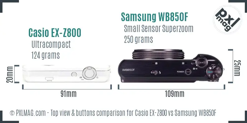 Casio EX-Z800 vs Samsung WB850F top view buttons comparison Casio EX-Z800 vs Samsung WB850F top view buttons comparison