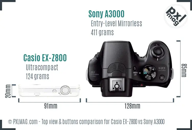 Casio EX-Z800 vs Sony A3000 top view buttons comparison Casio EX-Z800 vs Sony A3000 top view buttons comparison