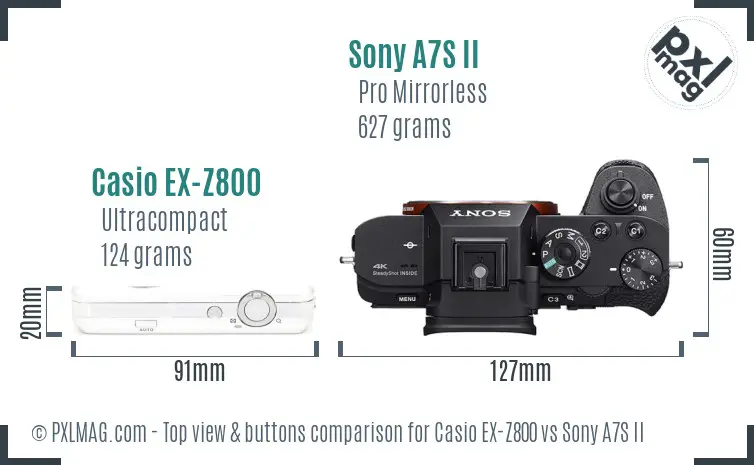 Casio EX-Z800 vs Sony A7S II top view buttons comparison Casio EX-Z800 vs Sony A7S II top view buttons comparison