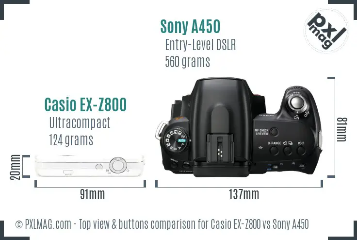 Casio EX-Z800 vs Sony A450 top view buttons comparison Casio EX-Z800 vs Sony A450 top view buttons comparison