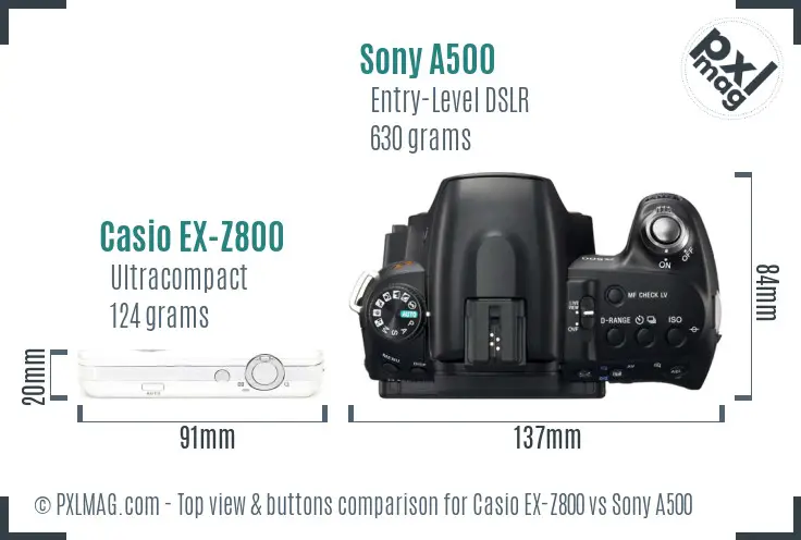 Casio EX-Z800 vs Sony A500 top view buttons comparison Casio EX-Z800 vs Sony A500 top view buttons comparison