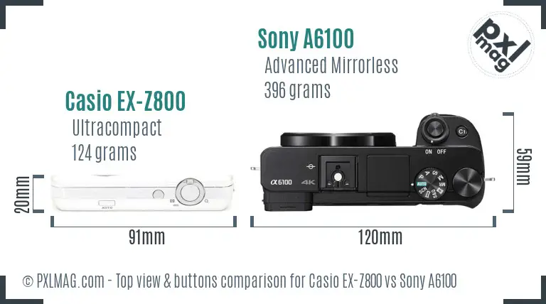 Casio EX-Z800 vs Sony A6100 top view buttons comparison Casio EX-Z800 vs Sony A6100 top view buttons comparison