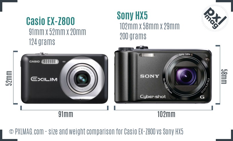 Casio EX-Z800 vs Sony HX5 size comparison