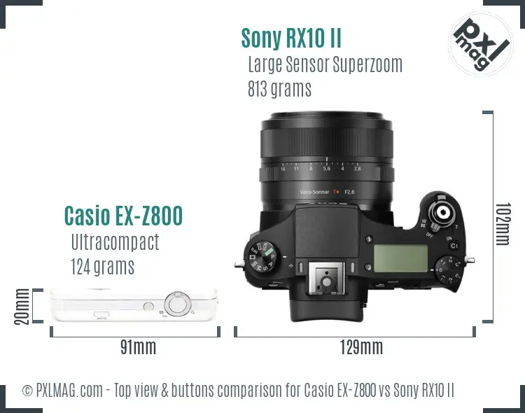 Casio EX-Z800 vs Sony RX10 II top view buttons comparison Casio EX-Z800 vs Sony RX10 II top view buttons comparison