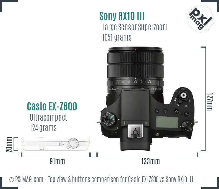 Casio EX-Z800 vs Sony RX10 III top view buttons comparison Casio EX-Z800 vs Sony RX10 III top view buttons comparison
