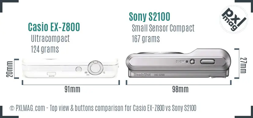 Casio EX-Z800 vs Sony S2100 top view buttons comparison Casio EX-Z800 vs Sony S2100 top view buttons comparison