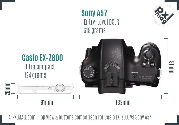 Casio EX-Z800 vs Sony A57 top view buttons comparison Casio EX-Z800 vs Sony A57 top view buttons comparison