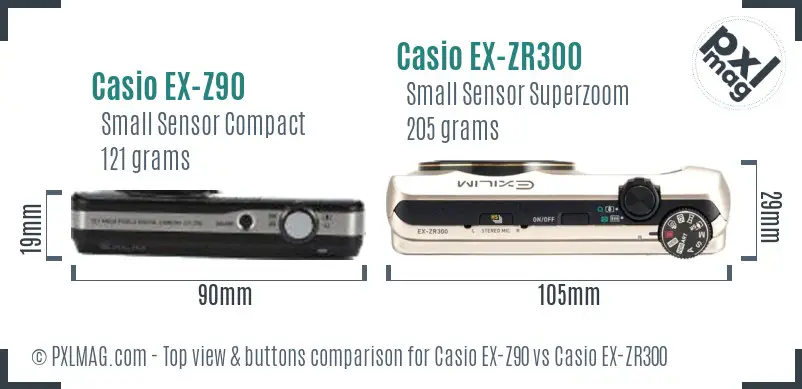 Casio EX-Z90 vs Casio EX-ZR300 top view buttons comparison