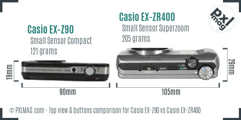 Casio EX-Z90 vs Casio EX-ZR400 top view buttons comparison