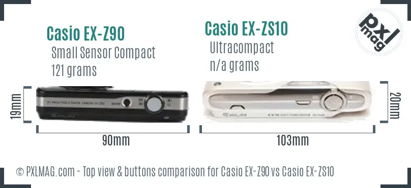 Casio EX-Z90 vs Casio EX-ZS10 top view buttons comparison Casio EX-Z90 vs Casio EX-ZS10 top view buttons comparison