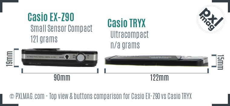 Casio EX-Z90 vs Casio TRYX top view buttons comparison Casio EX-Z90 vs Casio TRYX top view buttons comparison