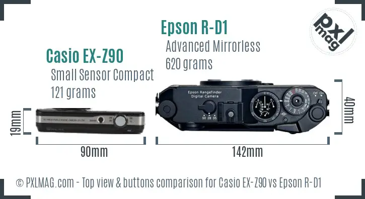 Casio EX-Z90 vs Epson R-D1 top view buttons comparison Casio EX-Z90 vs Epson R-D1 top view buttons comparison