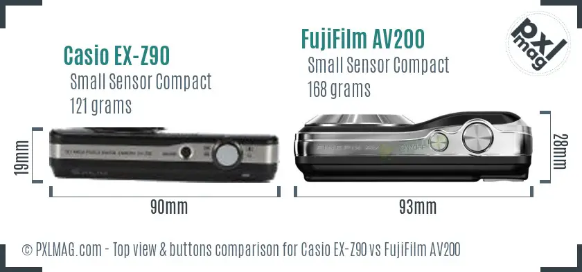 Casio EX-Z90 vs FujiFilm AV200 top view buttons comparison
