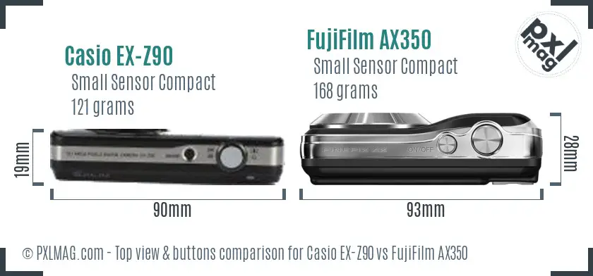 Casio EX-Z90 vs FujiFilm AX350 top view buttons comparison