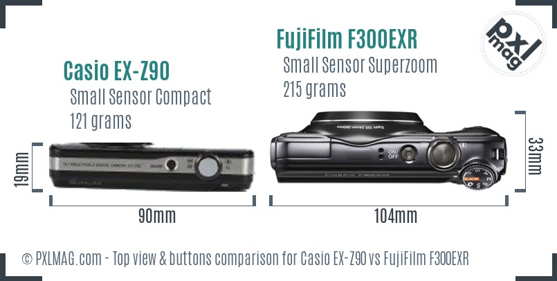 Casio EX-Z90 vs FujiFilm F300EXR top view buttons comparison
