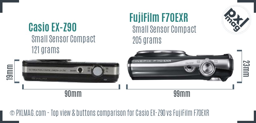 Casio EX-Z90 vs FujiFilm F70EXR top view buttons comparison