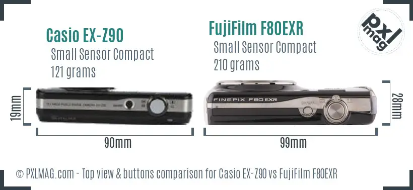 Casio EX-Z90 vs FujiFilm F80EXR top view buttons comparison