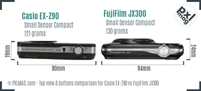 Casio EX-Z90 vs FujiFilm JX300 top view buttons comparison