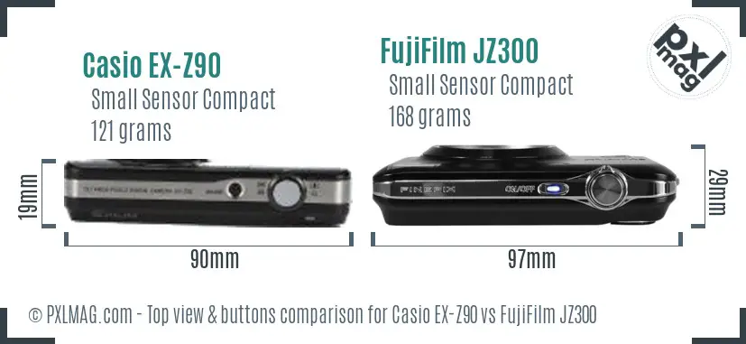 Casio EX-Z90 vs FujiFilm JZ300 top view buttons comparison