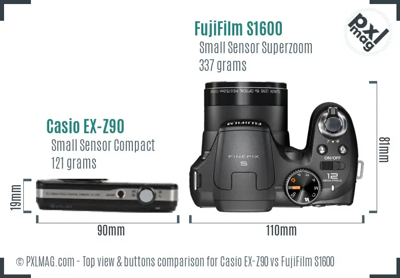 Casio EX-Z90 vs FujiFilm S1600 top view buttons comparison