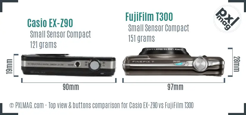 Casio EX-Z90 vs FujiFilm T300 top view buttons comparison