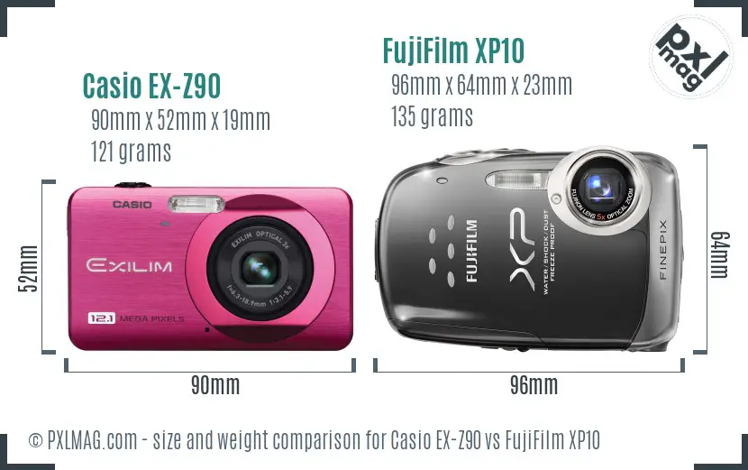 Casio EX-Z90 vs FujiFilm XP10 size comparison